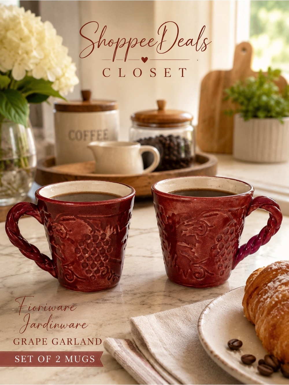 Fioriware Jardinware Zanesville Ohio Grape Garland Embossed Pottery Mugs – 2